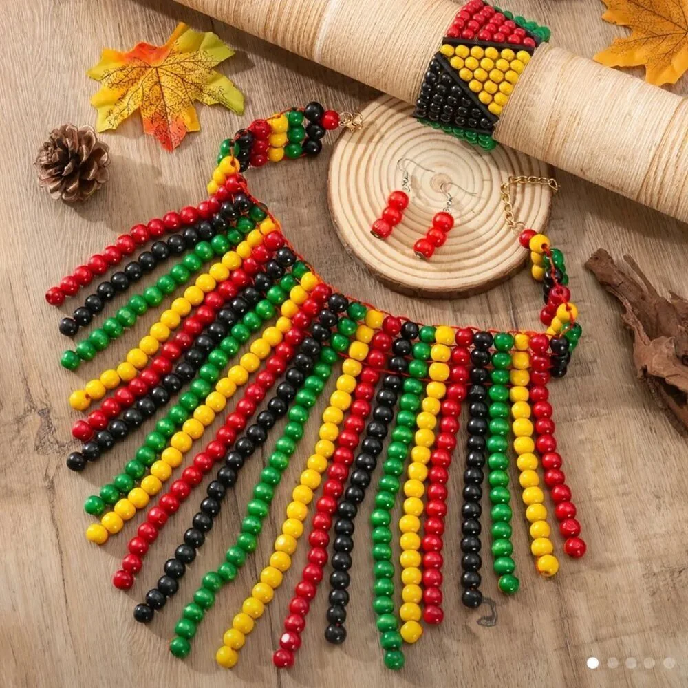 4-Piece Wooden Bead Jewelry Set – Necklace, Bracelet & Earrings